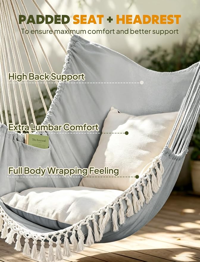 Chihee Hammock Chair Hanging Swing Max 500 Lbs 2 Cushions Included Metal Spreader Bar with Anti-Slip Grooves Portable Hanging Chair Side Pocket Large Macrame Bohemian Chair Indoor Outdoor