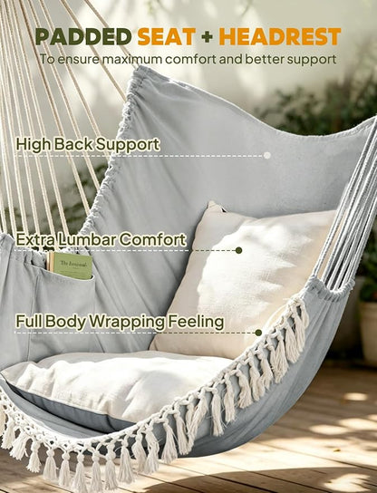 Chihee Hammock Chair Hanging Swing Max 500 Lbs 2 Cushions Included Metal Spreader Bar with Anti-Slip Grooves Portable Hanging Chair Side Pocket Large Macrame Bohemian Chair Indoor Outdoor