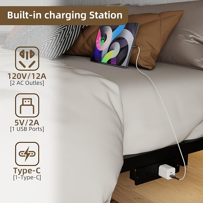 Floating Bed Frame Queen Size with Charging Station and LED Lights, Metal Platform Bed Frame, No Box Spring Needed, Easy Assembly, (Queen)