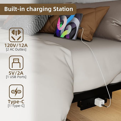 Floating Bed Frame Queen Size with Charging Station and LED Lights, Metal Platform Bed Frame, No Box Spring Needed, Easy Assembly, (Queen)