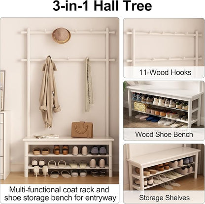 AQIMUELE Coat Rack with Shoe Storage, Wooden Hall Tree with Bench, 11 Hooks and 2-Tier Storage Shelves, 3-in-1, Entryway Bench with Coat Rack (39.3"-Deep White)