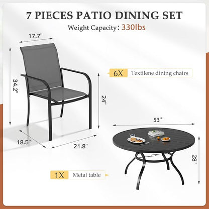 SUNCROWN 7 - Piece Outdoor Dining Set, Patio Furniture Set with 6 x Textilene Dinning Chairs and 53" Metal Round Table with Umbrella Hole for Lawn Garden Backyard Deck, Grey