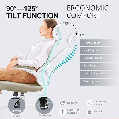 Ergonomic Office Chair,Ultra Thick Spring Cushion Desk Chair,Khaki | Adjustable Lumbar Support and Headrest,Flip-up Arms,Rocking Function,Mesh Home Office Computer Chair