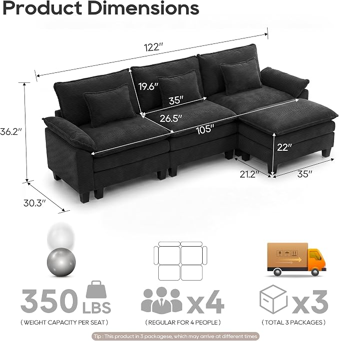 URRED Oversized Modular Sectional Sofa, 122" L Shaped Modern Comfy Cloud Couch with Movable Ottoman & Pillows, Deep Seat Couches for Living Room, Bedroom or Apartment (Corduroy Black, 122" L Shaped)