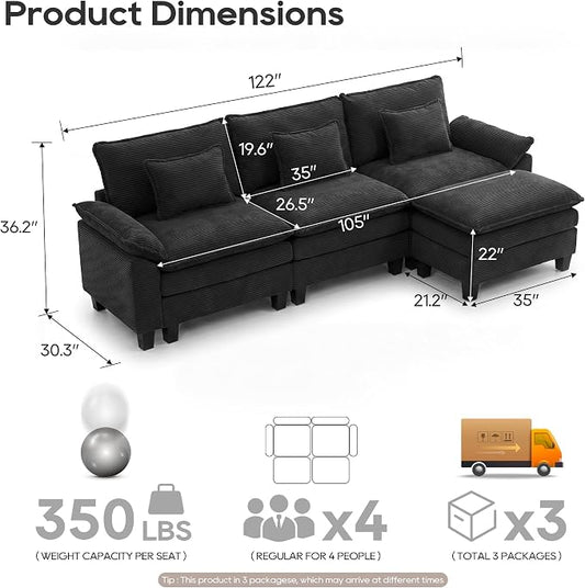 URRED Oversized Modular Sectional Sofa, 122" L Shaped Modern Comfy Cloud Couch with Movable Ottoman & Pillows, Deep Seat Couches for Living Room, Bedroom or Apartment (Corduroy Black, 122" L Shaped)