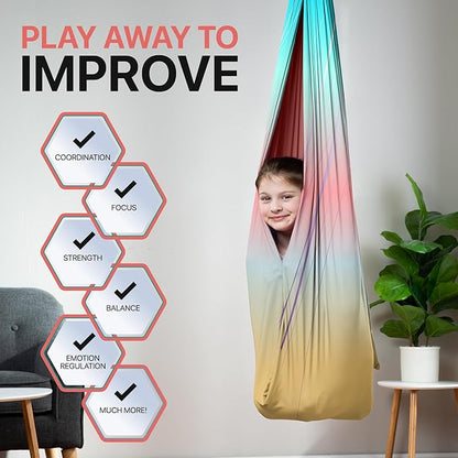 Indoor Sensory Swing for Kids or Outdoor – Holds 300lbs, Double-Layer, & 360° Swivel, Calming Compression Therapy Swing Hammock for Kids & Adults with All Hardware – Sensory-Motor Toys & Gifts