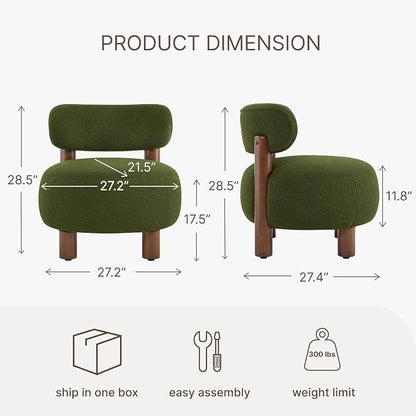 Modern Boucle Accent Chair, with Plush Faux Sherpa Upholstery, Curved Backrest, Solid Wood Legs for Living Room Bedroom Reading Nook, 27.5", Green
