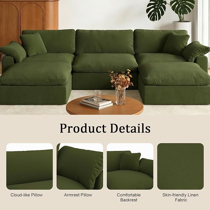 Oversize Cloud Modular Sectional Sofa,Chaise Down Filled Comfort Sofa Detachable Couch Cushion Covers for Living Room Apartment,Green