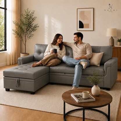 Naomi Home 84" L-Shaped Sectional Sleeper Sofa with Pull Out Bed | Sleeps Guests Comfortably, Stores Essentials in Chaise & Saves Space, Air Leather, Gray Convertible Sofa Bed