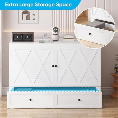 Mjkone Murphy Bed, Queen Hidden Cabinet Bed with Built-in USB Charging Station and 2 Storage Drawers, Murphy Wall Beds Cabinet Beds for Living Room, Guest Room, Apartment, White (No Mattress)