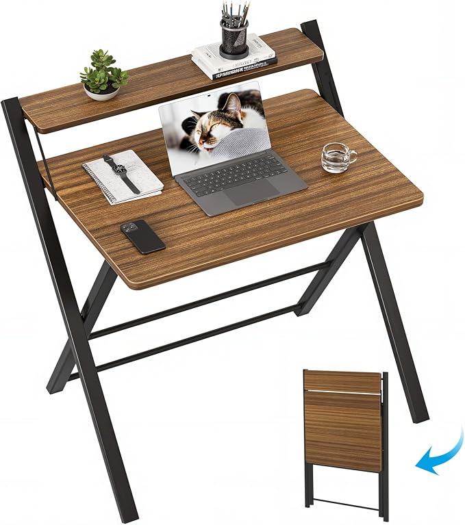 GreenForest Folding Desk No Assembly Required, 2 Tier Computer Desk with Monitor Shelf, 30 Inch Foldable Home Office Table for Work from Home Apartment Dorm Study Room, Espresso