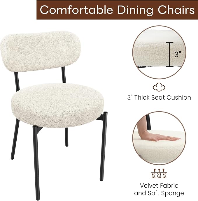 KROFEM Set of 2 Boucle Fabric Dining Chairs,White | Mid-Century Style Comfort Sponge Filled Seat Back Dining Room Chairs for Kitchen Dining Table