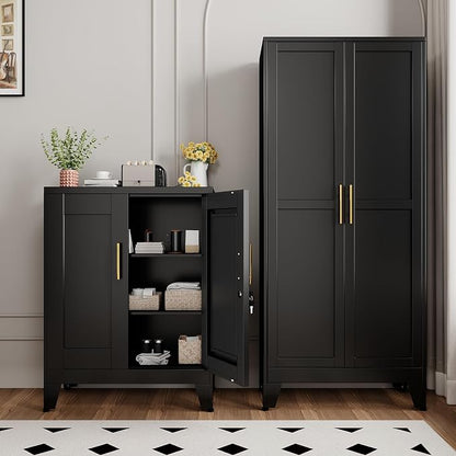 Black Metal Storage Cabinet, 36" Tall Locking Storage Cabinet, 14”D | with 2 Adjustable Shelves, Steel Locker Organizer, Metal Freestanding Buffet Cupboards Sideboard for Office, Home, School,2PS