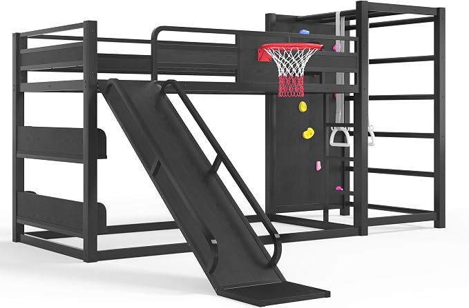 Bellemave Twin XL Bunk Bed with Basketball Hoop, Pull-up Rings and Climbing Wall, Twin XL Bunk Bed with Slide and Bookcase, Heavy Duty Bunk Beds with Guardrail, Black