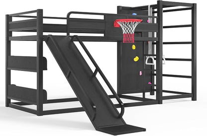 Bellemave Twin XL Bunk Bed with Basketball Hoop, Pull-up Rings and Climbing Wall, Twin XL Bunk Bed with Slide and Bookcase, Heavy Duty Bunk Beds with Guardrail, Black