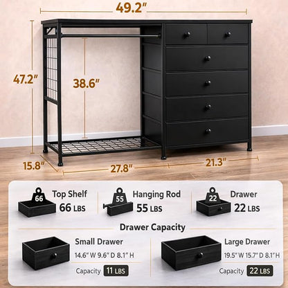 Simple Deluxe Storage Clothes Rack with 6 Drawers, Charging Station & LED Lights, Fabric Chest Shelves Clothing Rack, Wooden Portable Wardrobe Closet, 49.2" W x 15.7" D x 47.2" H, Black