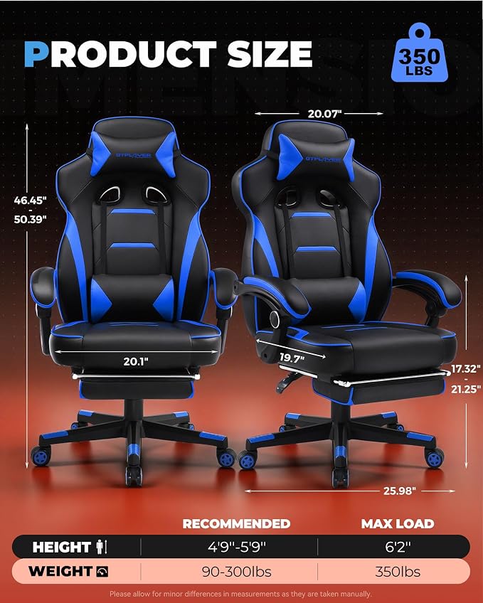 GTPLAYER Gaming Chair with Footrest, Big and Tall Game Chair 350lb Racing Style Computer Chair, Ergonomic Executive Office Chair High Back with Lumbar Support and Recliner, Blue