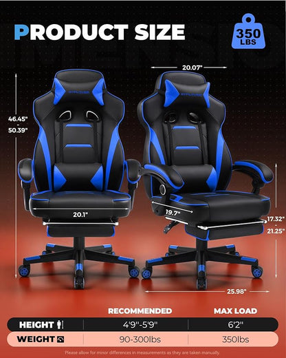 GTPLAYER Gaming Chair with Footrest, Big and Tall Game Chair 350lb Racing Style Computer Chair, Ergonomic Executive Office Chair High Back with Lumbar Support and Recliner, Blue