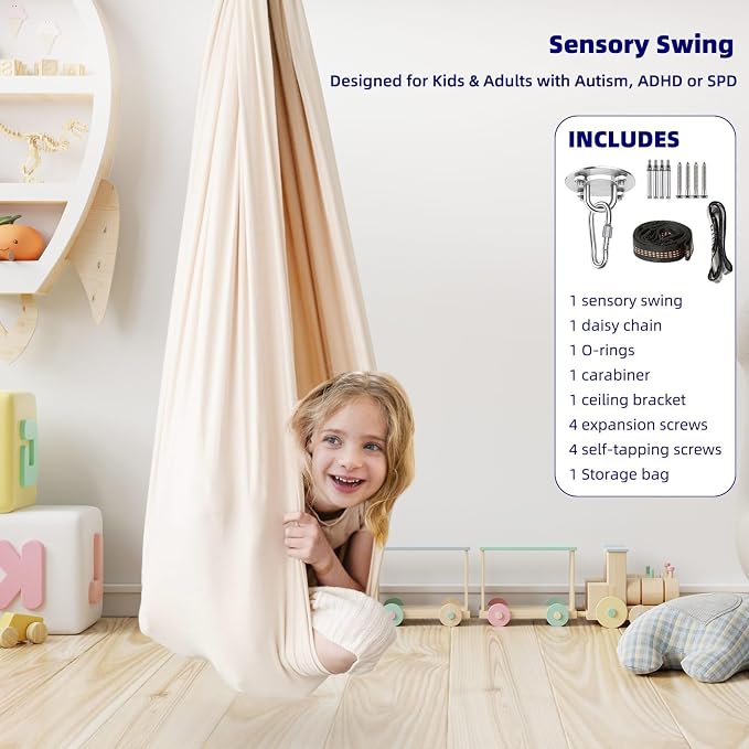 Sensory Swing Cuddle Hammock Chair for Special Needs Kids, Milky | Adjustable Indoor & Outdoor Hanging Seat, Sensory Integration Tool for Autism, ADHD & Asperger Kids