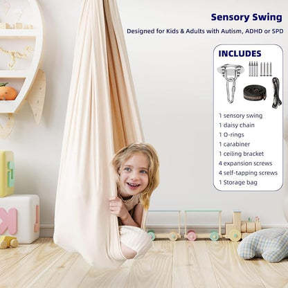 Sensory Swing Cuddle Hammock Chair for Special Needs Kids, Milky | Adjustable Indoor & Outdoor Hanging Seat, Sensory Integration Tool for Autism, ADHD & Asperger Kids