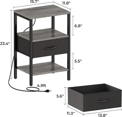 SUPERJARE Nightstand with Charging Station, Bed Side Table with Adjustable Fabric Drawer, Night Stand for Bedroom, 3-Tier Storage End Table, for Living Room, Charcoal Gray