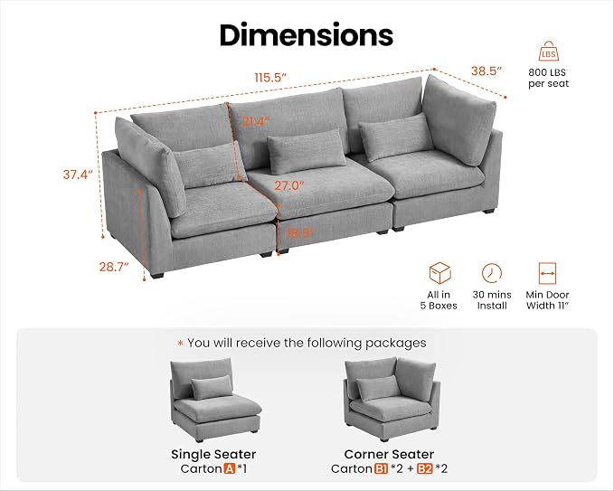 115" Oversized Chenille Couch Modular Sectional Sofa, Washable Cloud Couch Sectional, 3 Seater Sectional Couches for Living Room, Fully Cover Removable, Basic 3 Seater, Chenille, Grey