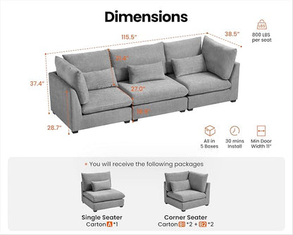 115" Oversized Chenille Couch Modular Sectional Sofa, Washable Cloud Couch Sectional, 3 Seater Sectional Couches for Living Room, Fully Cover Removable, Basic 3 Seater, Chenille, Grey