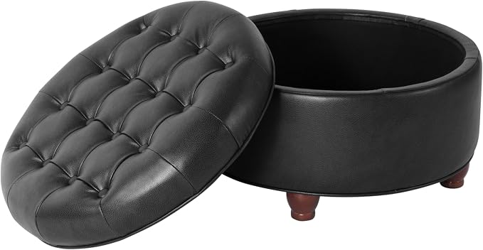 HomePop 25" Button Tufted Round Storage Ottoman - Black Faux Leather