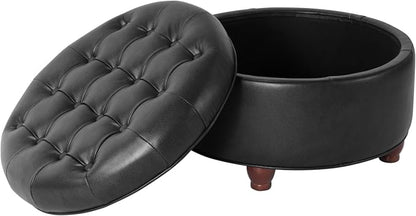 HomePop 25" Button Tufted Round Storage Ottoman - Black Faux Leather