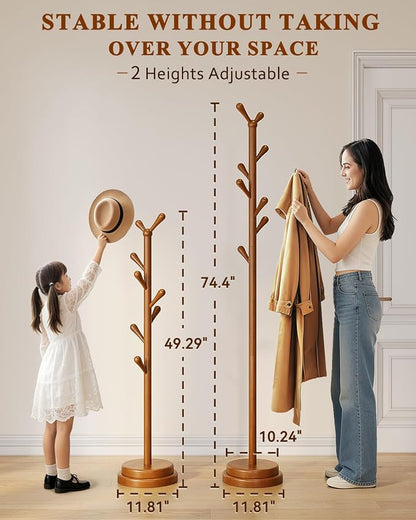 Freestanding Coat Rack, Solid Wood Coat Tree with 8 Smooth Rounded Hooks, Adjustable Height Heavy Duty Coat Rack with Dual-Layer Base, Holds Coats Hats Bags for Entryway, Bedroom, Living Room