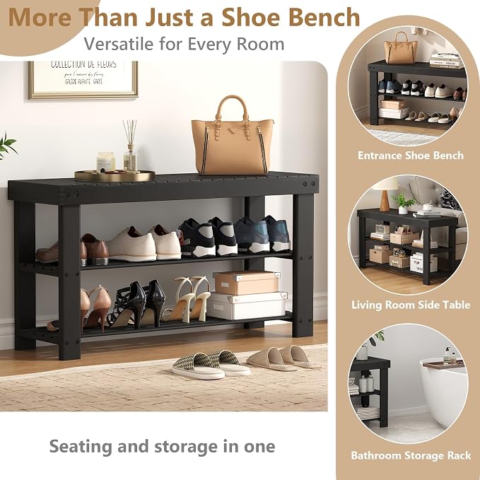 Sweetcrispy 3-Tier Shoe Rack Bench for Entryway, 35 Inches, Black | Bamboo Shoe Storage Bench, Shoes Rack for Entrance, Living Room, Balcony, 8 Pairs, 286lb Capacity