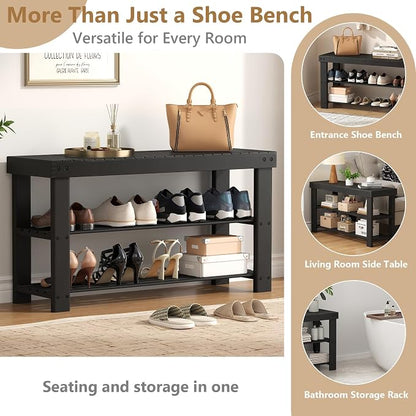 Sweetcrispy 3-Tier Shoe Rack Bench for Entryway, 35 Inches, Black | Bamboo Shoe Storage Bench, Shoes Rack for Entrance, Living Room, Balcony, 8 Pairs, 286lb Capacity