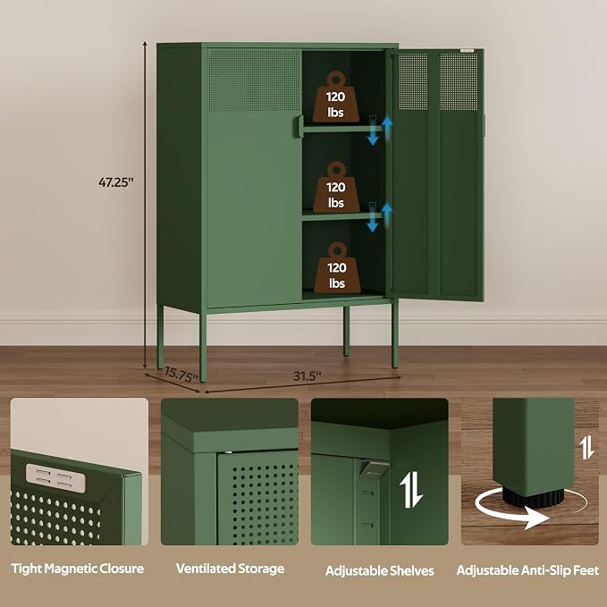 47''H Green Metal Storage Cabinet with 2 Adjustable Shelves, 2 Door Accent Cabinet, 3-Tier Metal Locker with Vent Hole, TV Stand for Entryway, Home Office, Music Studio, Home Office