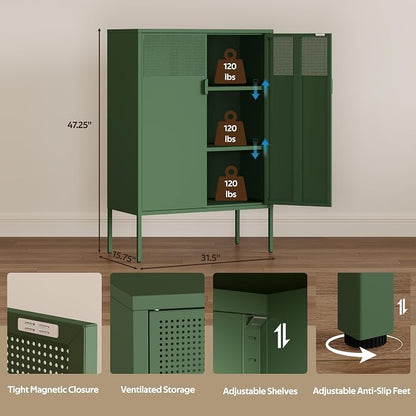 47''H Green Metal Storage Cabinet with 2 Adjustable Shelves, 2 Door Accent Cabinet, 3-Tier Metal Locker with Vent Hole, TV Stand for Entryway, Home Office, Music Studio, Home Office