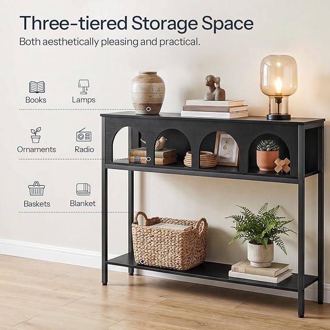 HOOBRO Narrow Console Table, Entryway Table with 3-Tier Storage, Sofa Table, Behind Couch Table with Arched Design for Living Room, Entrance, Hallway, Black BB106XG01