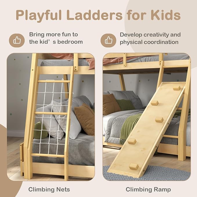 KOTEK Twin Over Queen Bunk Bed, House Bunk Beds with Climbing Nets and Ramp, No Box Spring Needed, Solid Wood Low Bunk Bed Frame for Kids Boys Girls (Natural)