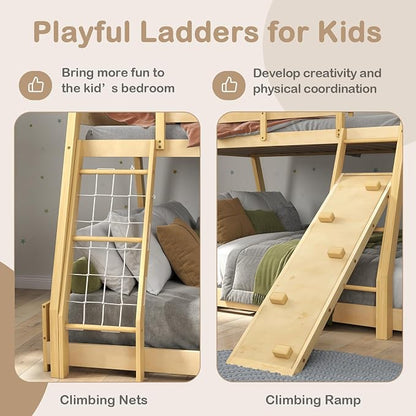 KOTEK Twin Over Queen Bunk Bed, House Bunk Beds with Climbing Nets and Ramp, No Box Spring Needed, Solid Wood Low Bunk Bed Frame for Kids Boys Girls (Natural)