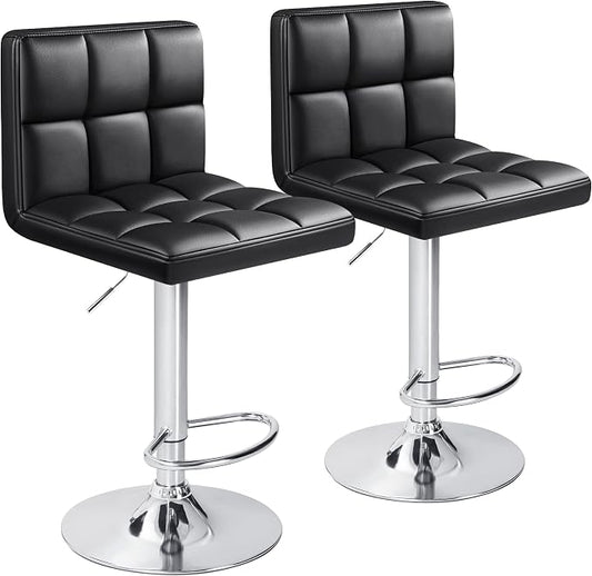 Furniwell Bar Stools Modern Pu Leather Swivel Adjustable Barstools Armless Counter Height Swivel Bar Stool Synthetic Leather Height Square Barstool with Set of 2(Black)