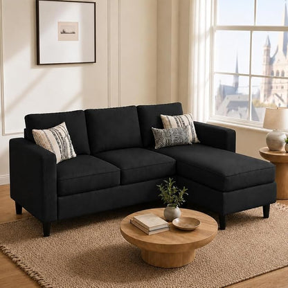 73.6" Convertible Sectional Sofa Couch with Reversible Ottoman, Modern 3-Seater L-Shaped Couch for Small Spaces, Compact Sofa for Studio Apartment, Living Room & Office, Easy Assembly (Black)