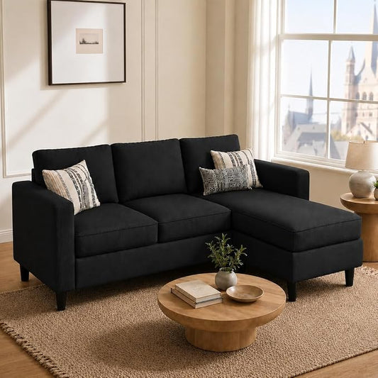 73.6" Convertible Sectional Sofa Couch with Reversible Ottoman, Modern 3-Seater L-Shaped Couch for Small Spaces, Compact Sofa for Studio Apartment, Living Room & Office, Easy Assembly (Black)