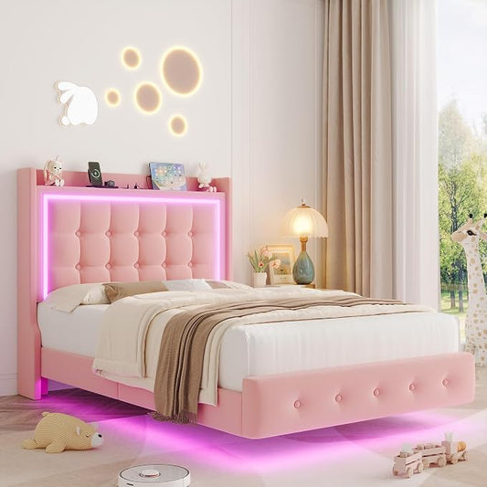 Keyluv Twin Floating Bed Frame with Storage Headboard, LED Lights & Charging Station Platform Bed, Soft Upholstered Velvet, USB/Type-C Ports, Easy Assembly, Pink