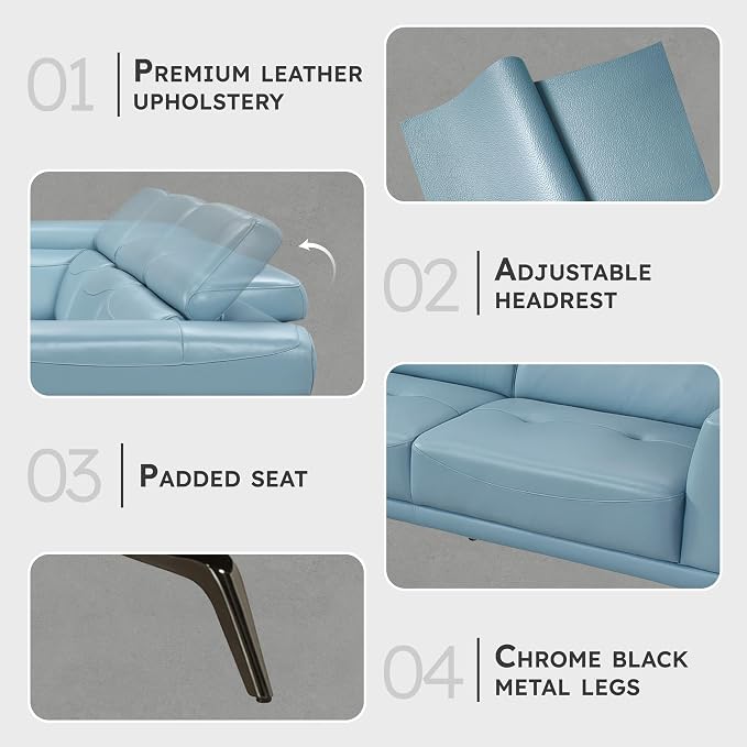 Lexicon L-Shaped Sectional Couch with Left Chaise, Top Grain Leather Match Sectional Sofa, Adjustable Headrests, Black Chrome Metal Legs, High-Density Cushions, Stitching, for Living Room, Blue