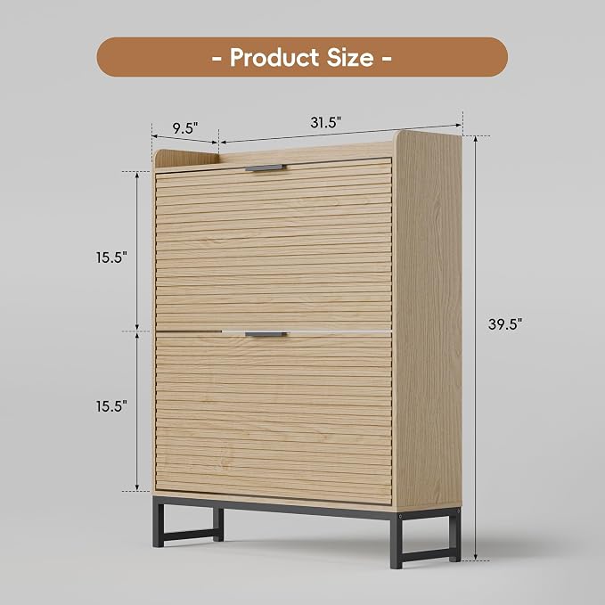 MU Shoe Storage Cabinet with 2 Flip Drawers, Freestanding Fluted Shoe Cabinet, Narrow Wood Shoe Cabinet, Hidden Shoe Organizer with Metal Legs for Entryway, Foyer, Hallway