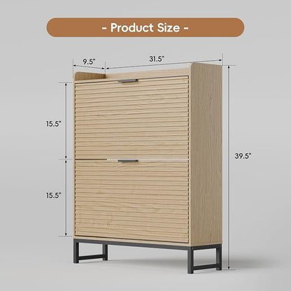 MU Shoe Storage Cabinet with 2 Flip Drawers, Freestanding Fluted Shoe Cabinet, Narrow Wood Shoe Cabinet, Hidden Shoe Organizer with Metal Legs for Entryway, Foyer, Hallway