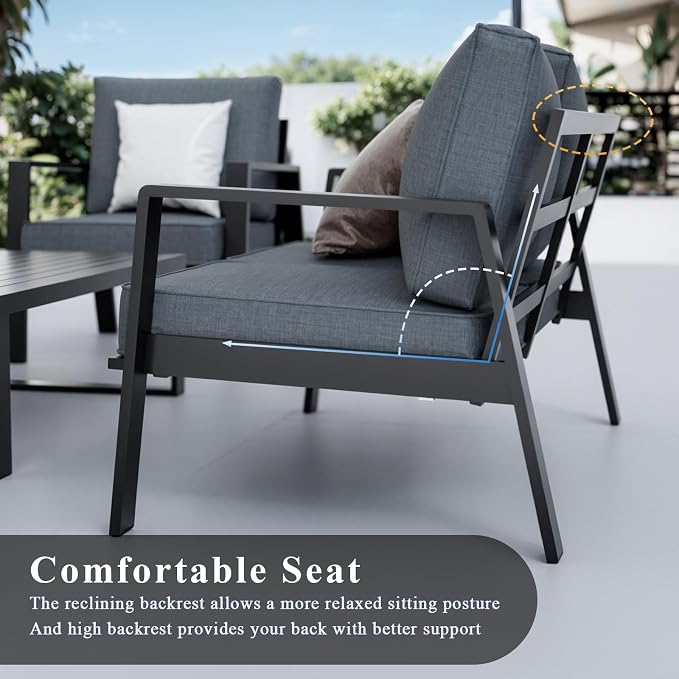 Aluminum Outdoor Loveseat, Oversized Patio Couch, Modern Sofa All Weather Metal Furniture Set with 5" Cushions (Black/Dark Gre)