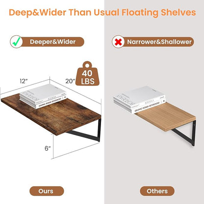 Heimlove Deep Floating Shelves for Wall, 20W x 12D Wood Wall Shelves Set of 2, Wide Floating Bookshelf for Living Room, Kitchen, Office, Bedroom and Decor Storage, with Metal Bracket - Rustic Brown
