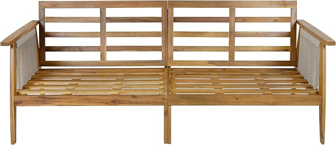 A wooden outdoor daybed with a slatted backrest and seat, featuring woven cane side panels, shown against a plain white background.