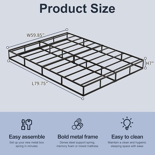 Box Spring, Metal Frame Mattress Foundation with Fabric Cover, Easy Assembly, Noise-Free (7 Inch, Queen)