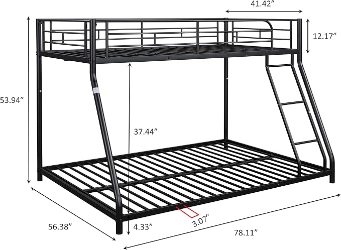 EMKK Twin Over Full Bunk Bed for Adults, Metal Bunk Beds Twin Over Full Size for Teens Dorm Bedroom Guest Room,Heavy Duty Bunk Beds with Ladder and Safety Full Length Guardrail (Black B)