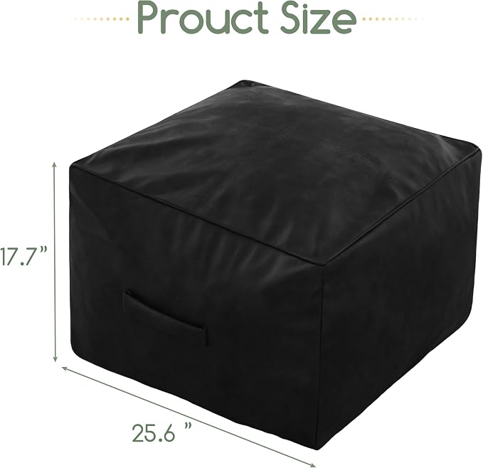 HIGOGOGO Square Stuffed Pouf Ottoman, Pu Leather Poufs with Foam Chunk Filling, Furry and Fluffy Pouf Foot Stool Storage Ottoman,26x18 Inches Floor Poufs Foot Rest for Living Room, Black